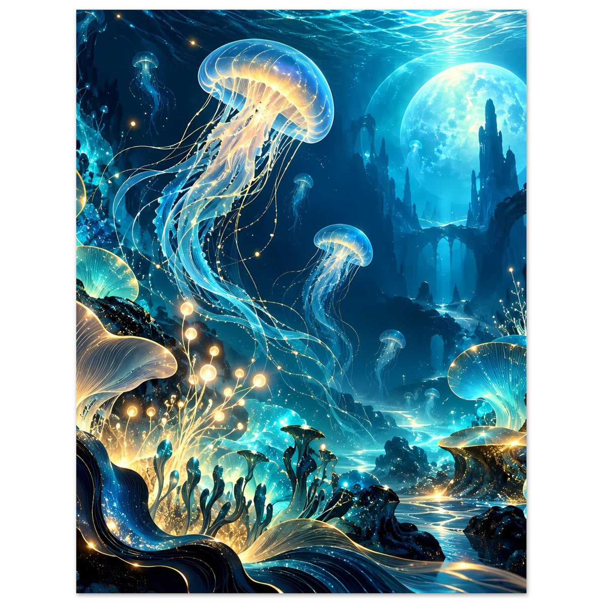 Hochformatiges Poster: Quallen und Unterwasserszene mit goldenen Lichtpunkten in Blau- und Blautönen