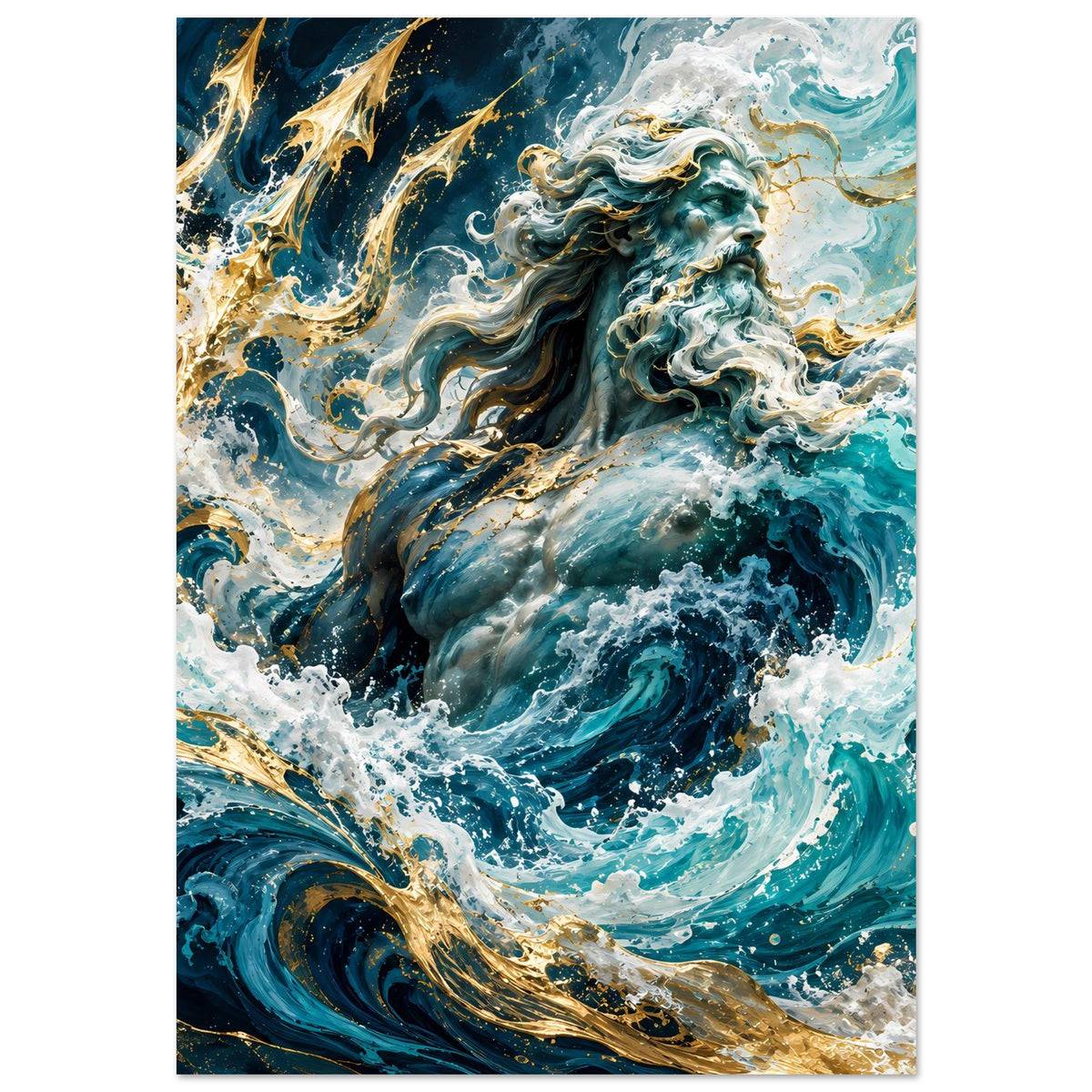 Mythologie-Poster mit Meeresgott, türkisgrüne Wellen und goldene Strudel am Rand