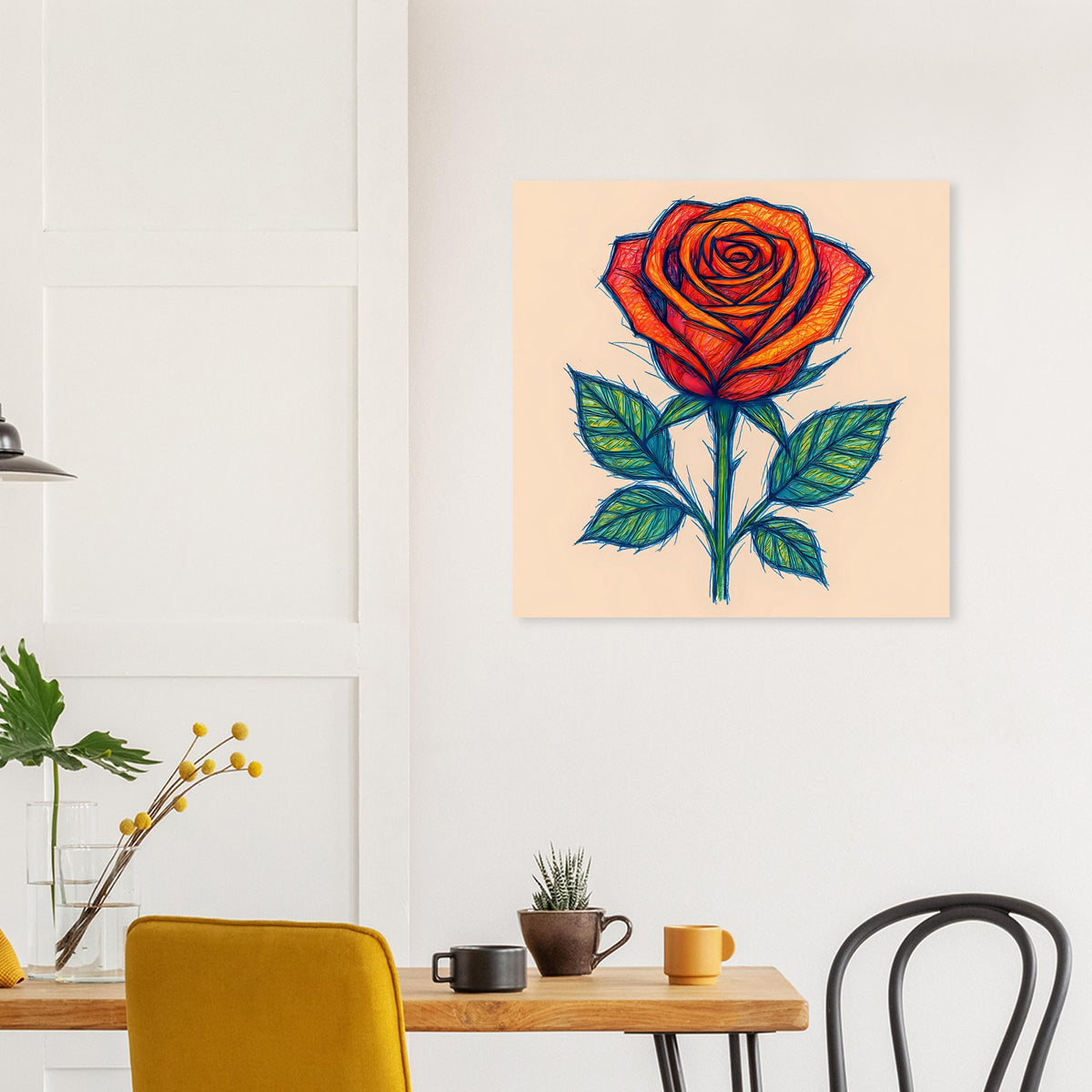 Rosenposter mit orange-roter Skizzenrose und grünen Blättern auf hellem Hintergrund