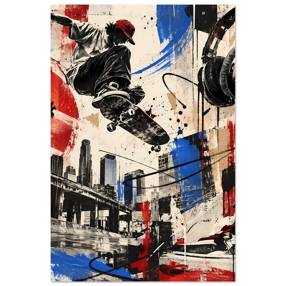 Urban-Skate-Poster Hochformat mit Skateboarder, Kopfhörer-Elementen und Sprühfarbe