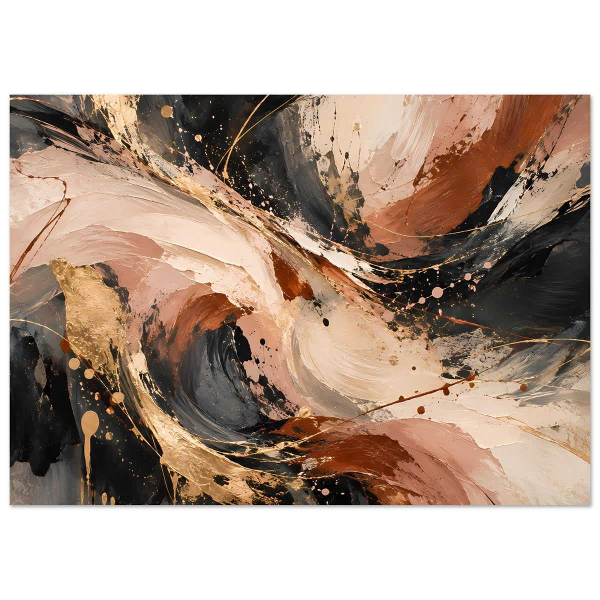 Abstraktes Kunstposter, horizontal: beige, braun und schwarz, mit gebogenen Linien und Flecken