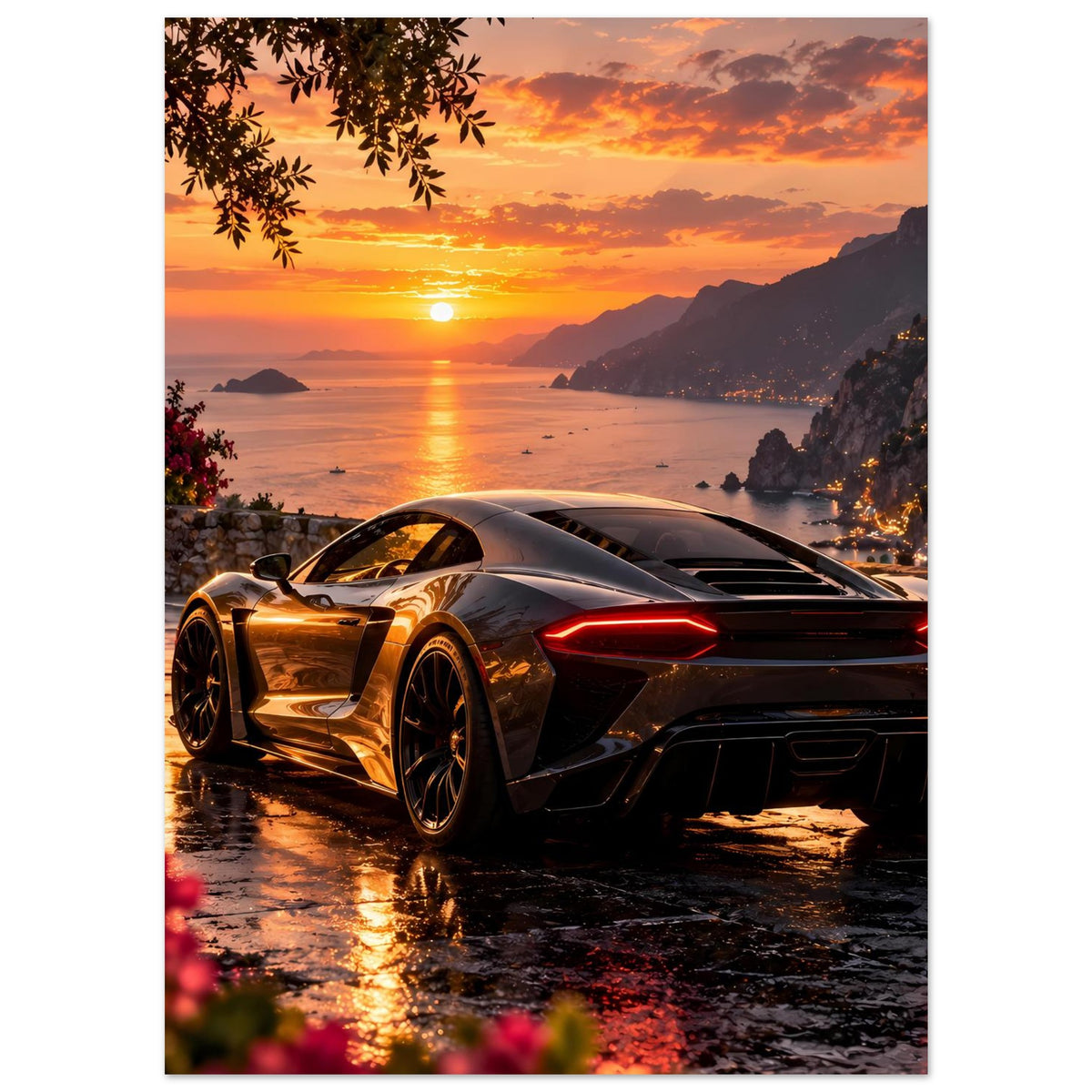 Poster mit silbernem Sportwagen, roten Rücklichtern und Sonnenuntergang zwischen Bergen