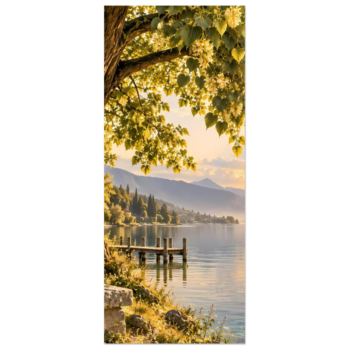 Poster im Hochformat: Baumzweige mit Blättern über See und Holzsteg