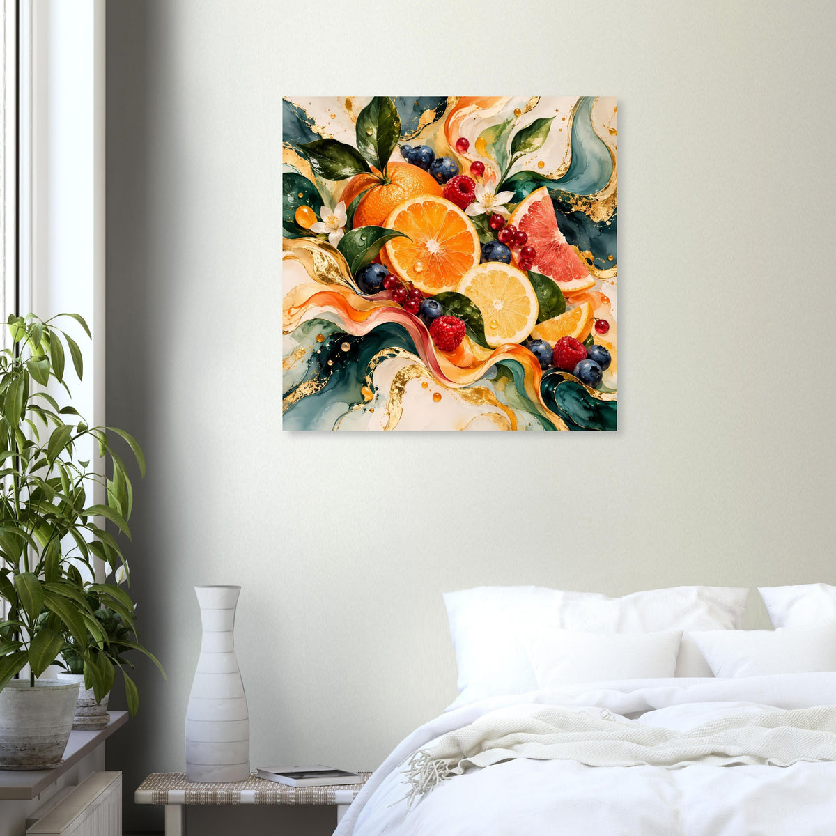 Wandposter mit Früchte-Motiv, Orangen und Beeren mit goldenen und türkisfarbenen Akzenten