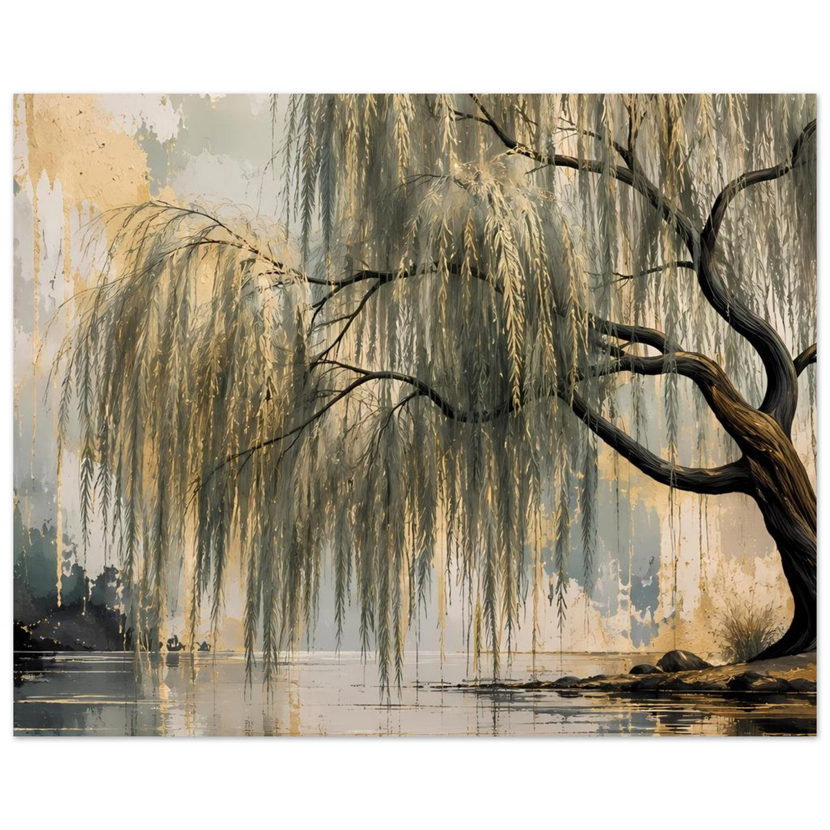 Wandposter mit Weidenbaum am See, goldene Flächen und blaue Schatten, abstrakt