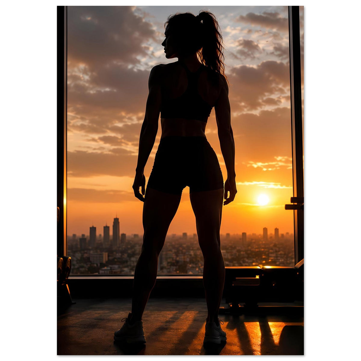 Fitness-Poster im Hochformat mit seitlicher Silhouette einer Sportlerin vor untergehender Sonne