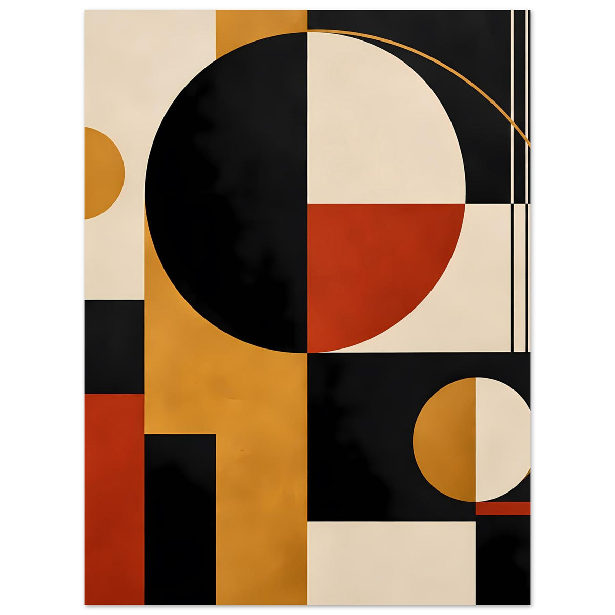 Geometrischer Kunstdruck mit großem Kreis und kleinem Kreis, Blockflächen in Schwarz und Rot.