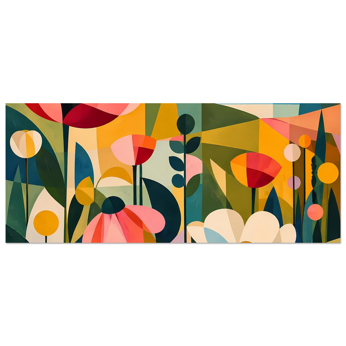 Horizontales Blumenposter: Ausschnitt mit stilisierten Blüten, Punkten und warmen Farbbereichen.