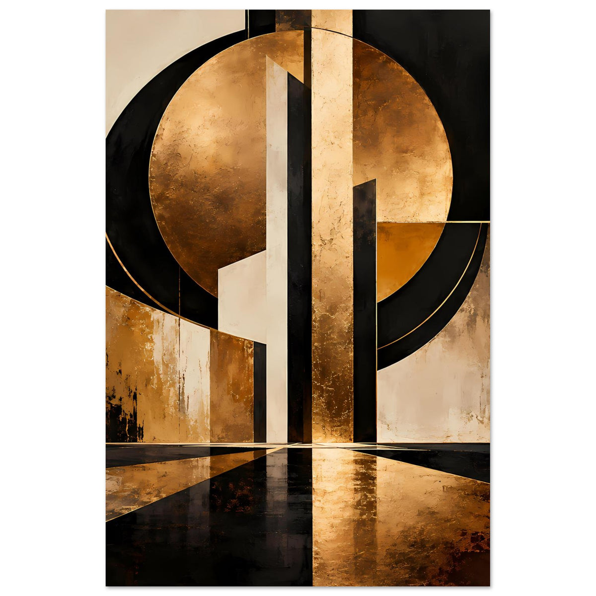 Abstraktes Art-Poster in Gold und Schwarz, vertikales Design mit großen Kreisformen