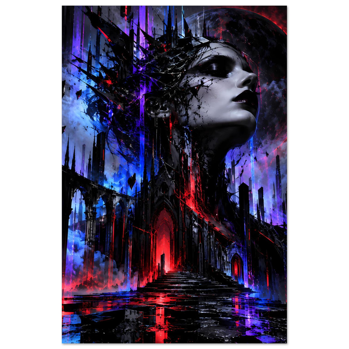 Gothic-Fantasy-Poster mit Porträt im Profil, schwarzen Türmen und Neon-Rot/Blau