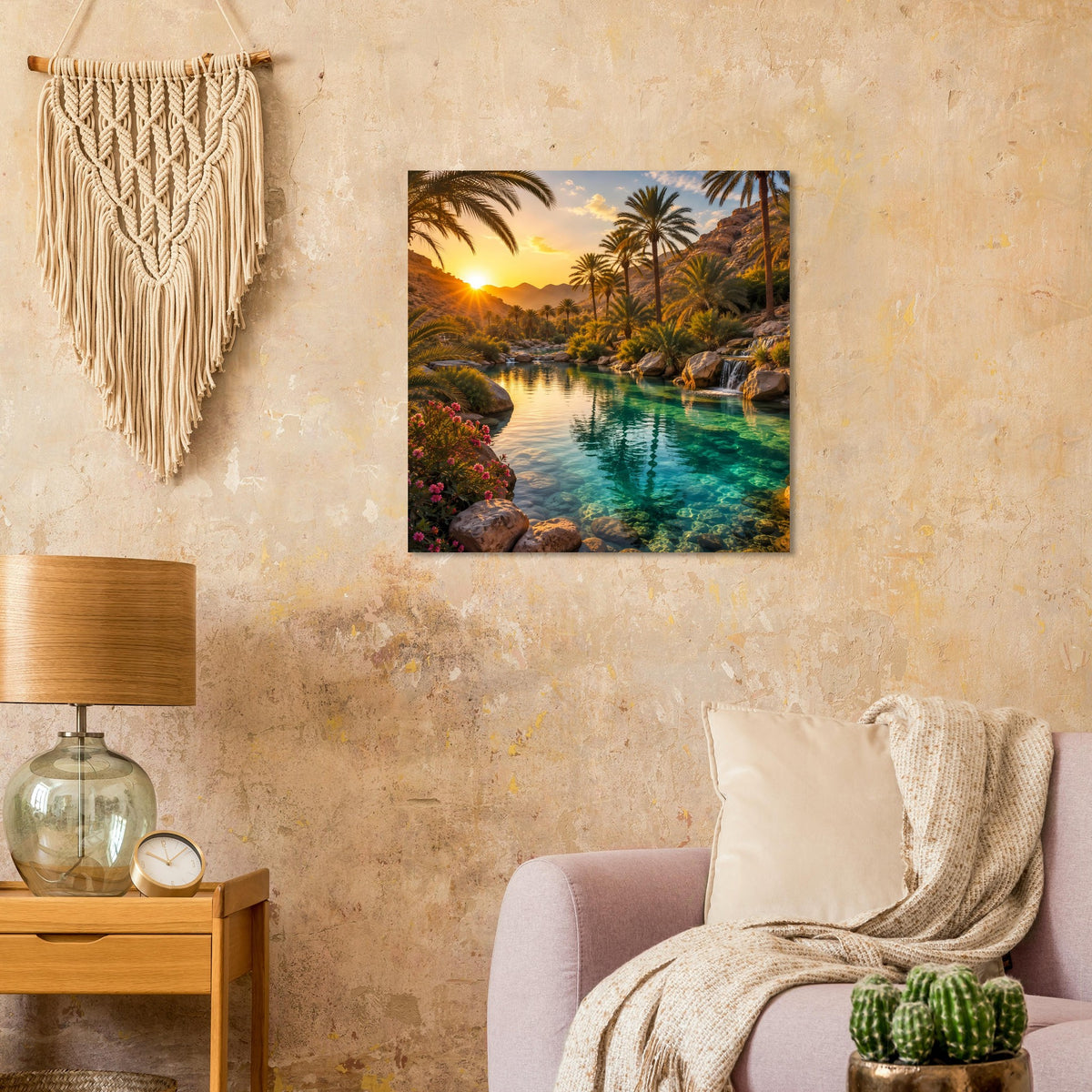Quadratisches Wandposter mit tropischem Sonnenuntergang, Palmen, türkisfarbenem Wasser und Felsen