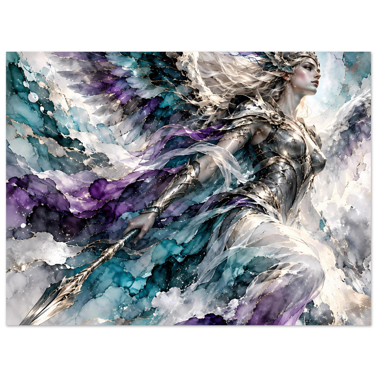 Fantasy-Poster Querformat: Kriegerengel mit silbernen Flügeln, violette und blaue Farbflecken, Schwert