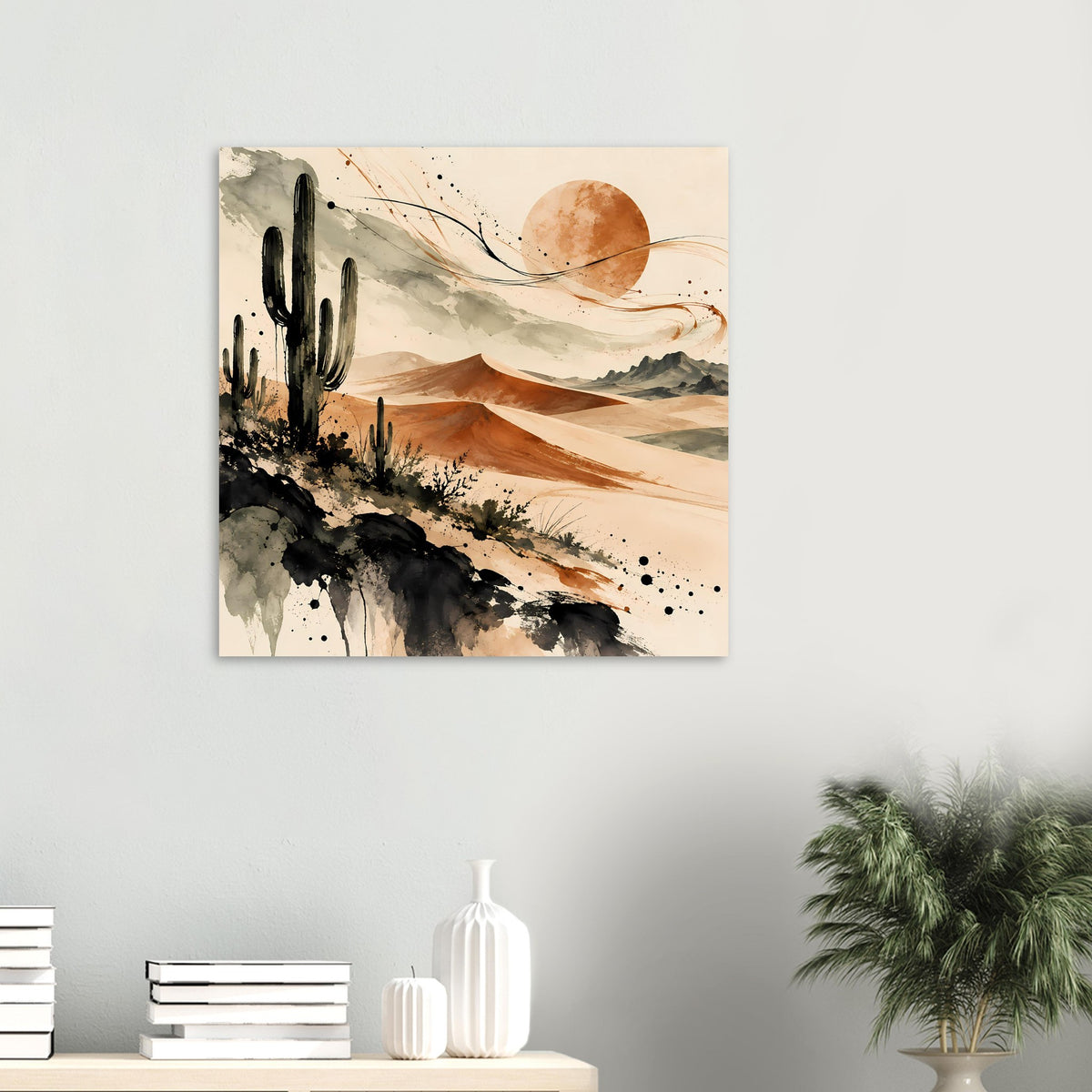 Kleines Poster im Rahmen mit abstrakter Wüstenlandschaft, Kaktus und warmen Tönen