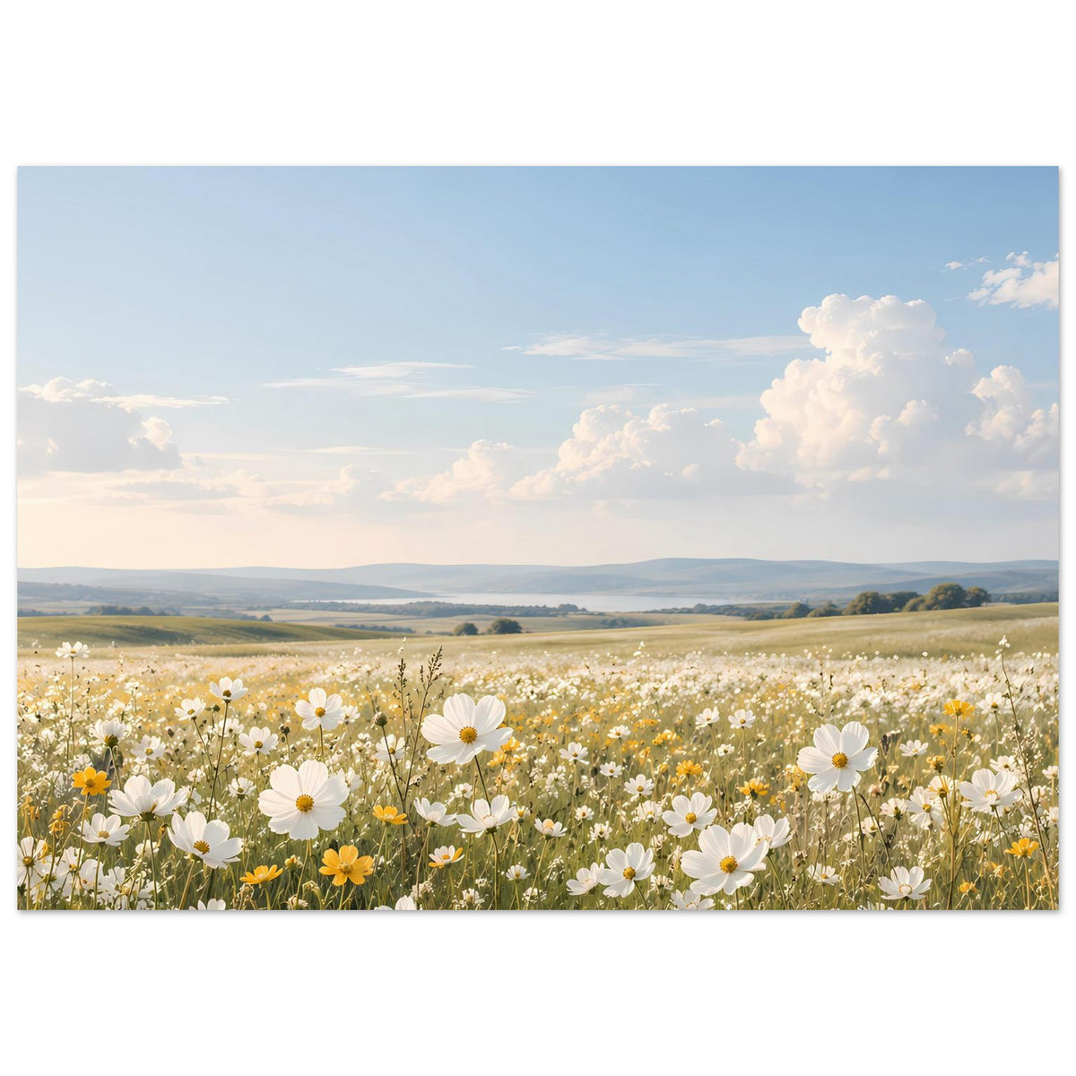 Horizontales Poster mit Wildblumenwiese: weiße Blüten und gelbe Farbtupfer im Rahmen