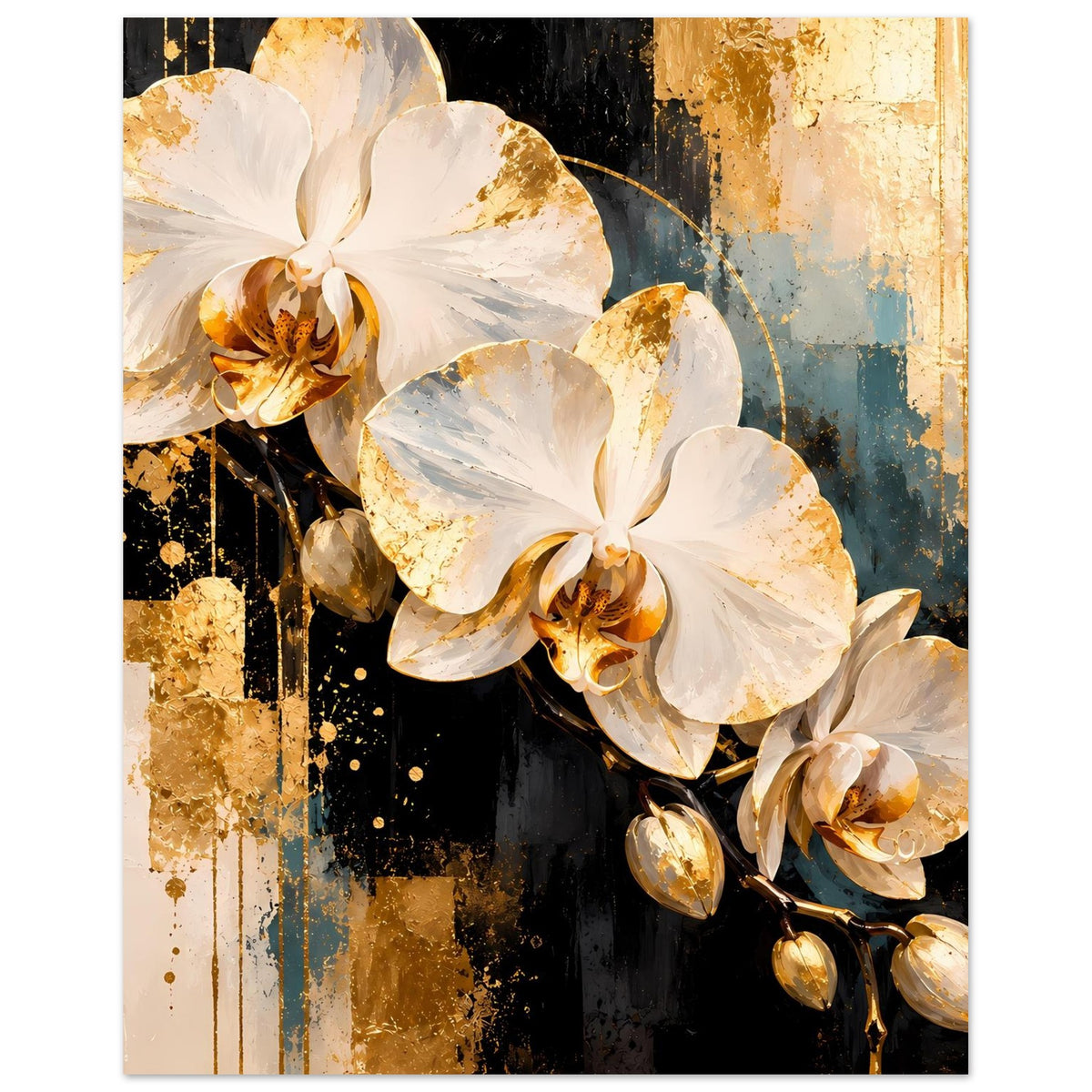 Orchideen-Wandbild: weiße Orchideen mit goldfarbenen Zentren und hängenden Tropfen