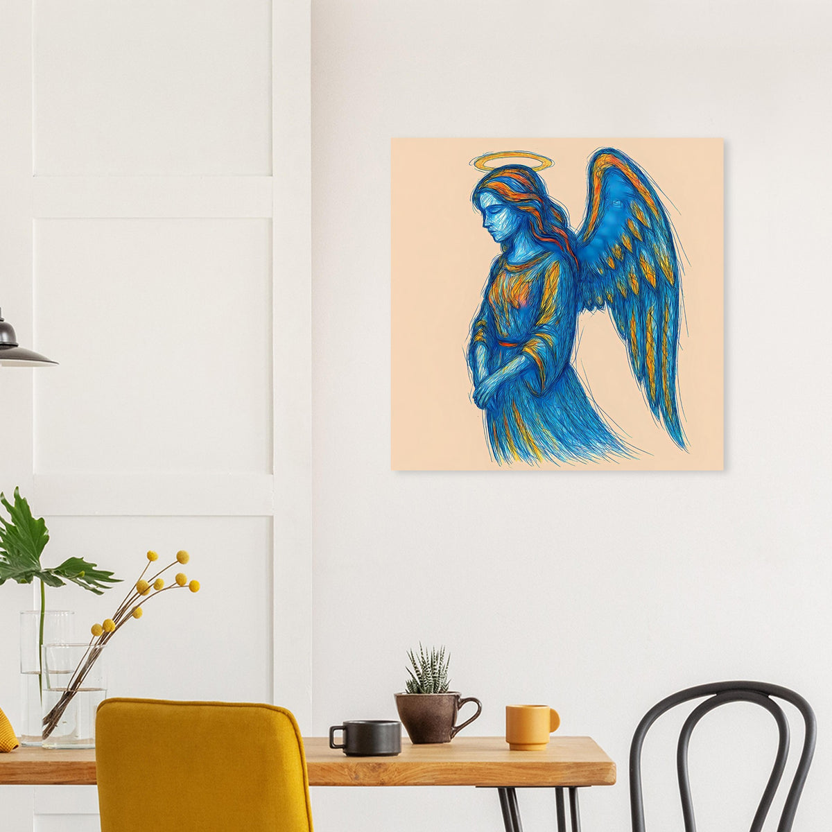 Poster zeigt blauen Engel mit goldenem Heiligenschein, Flügeln und wallendem Gewand