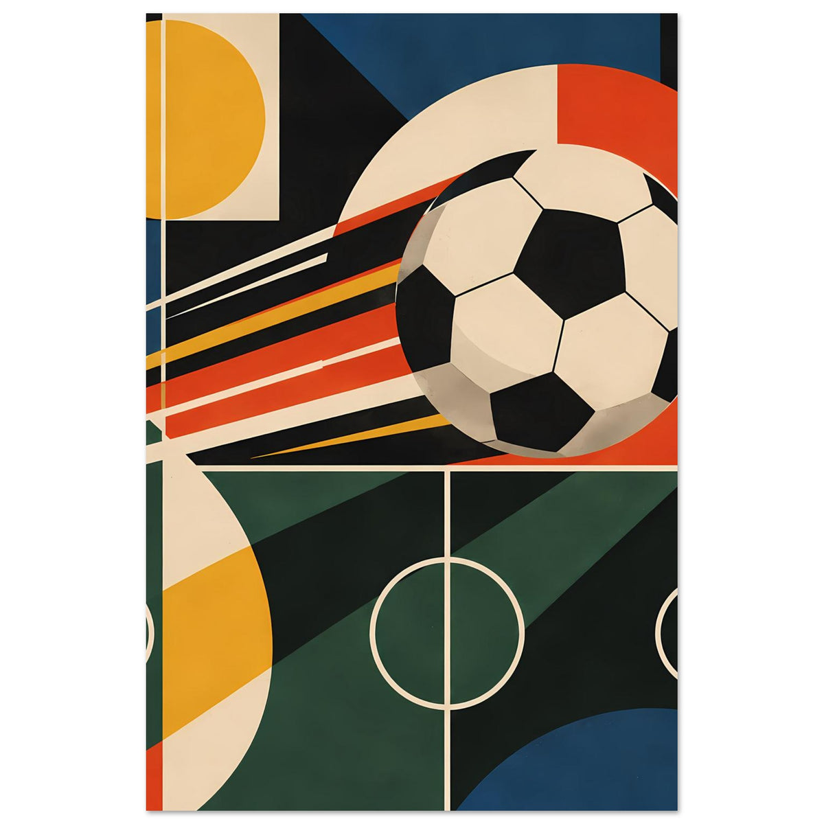Geometrisches Fußball-Sportposter mit Ball, Streifen und Spielfeldlinien in bunten Farben.
