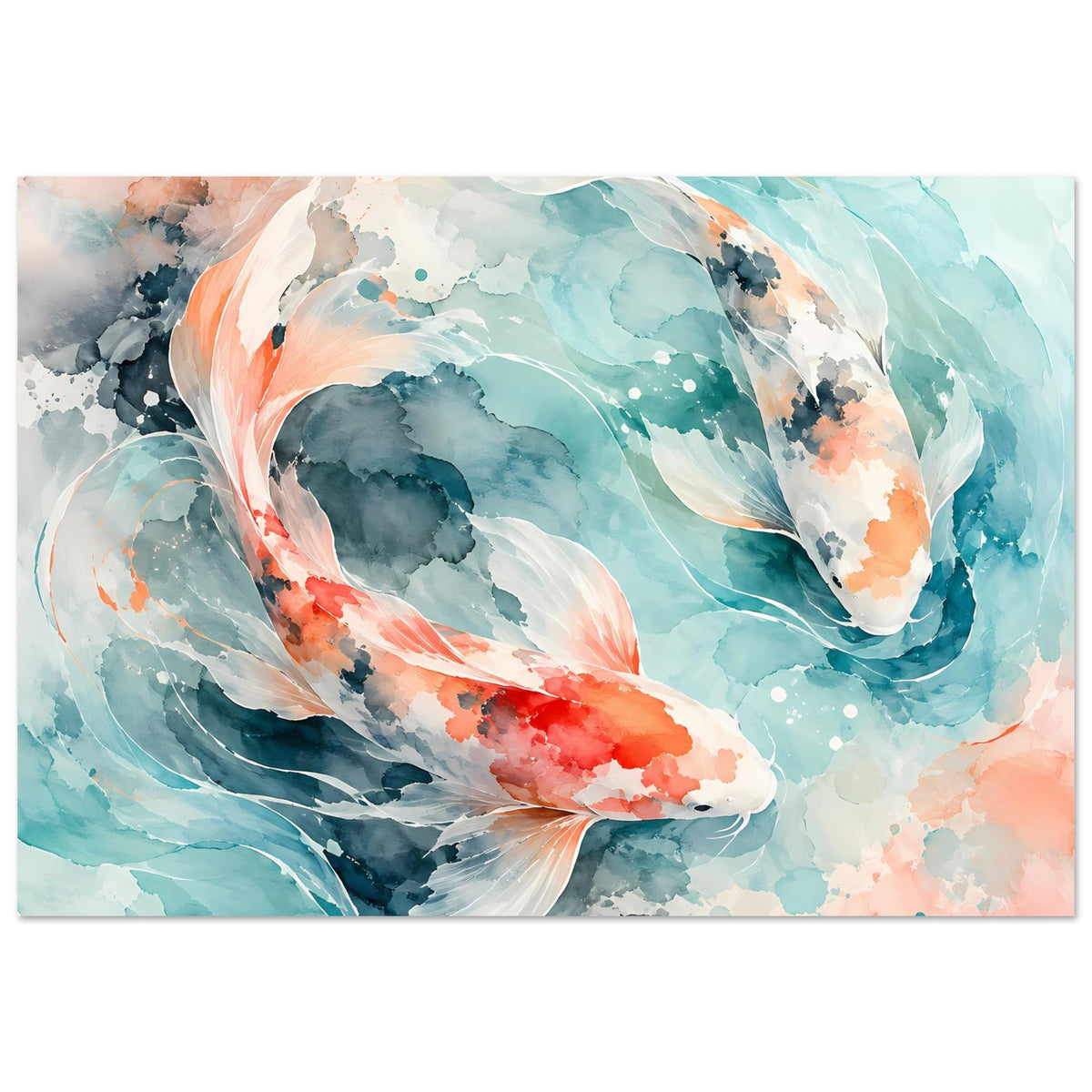 Poster mit Aquarell-Koi in Blau, Türkis und Koralle, Querformat