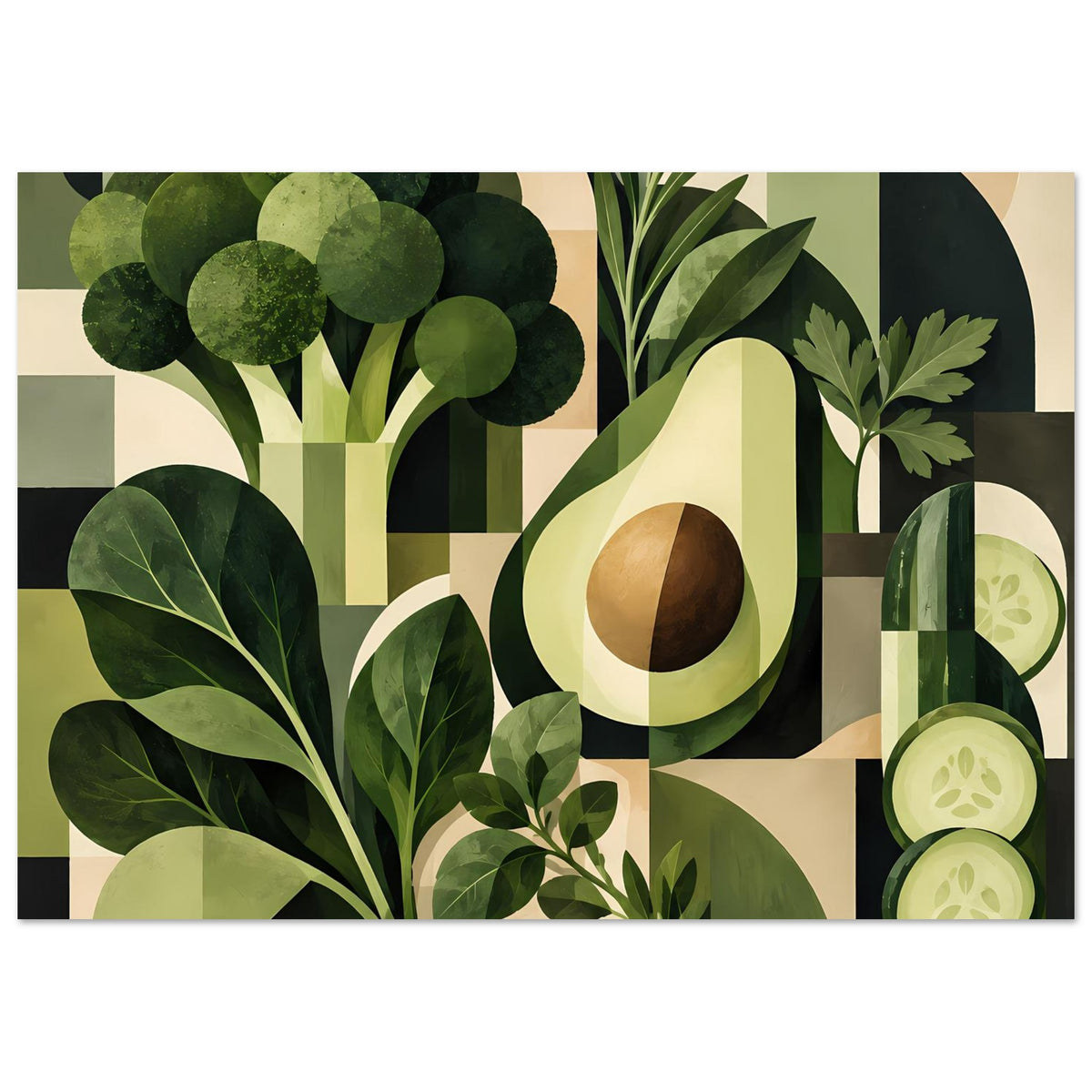 Geometrisches Poster mit Avocado und Gurkenscheiben, viele Grünflächen im Muster