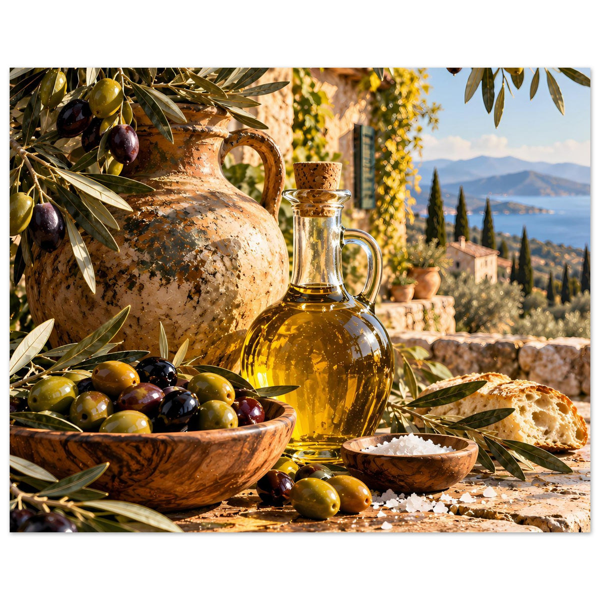 Olivenöl-Ernteposter: bauchige Ölflasche, Olivenschalen, Brotstück und Olivenzweige