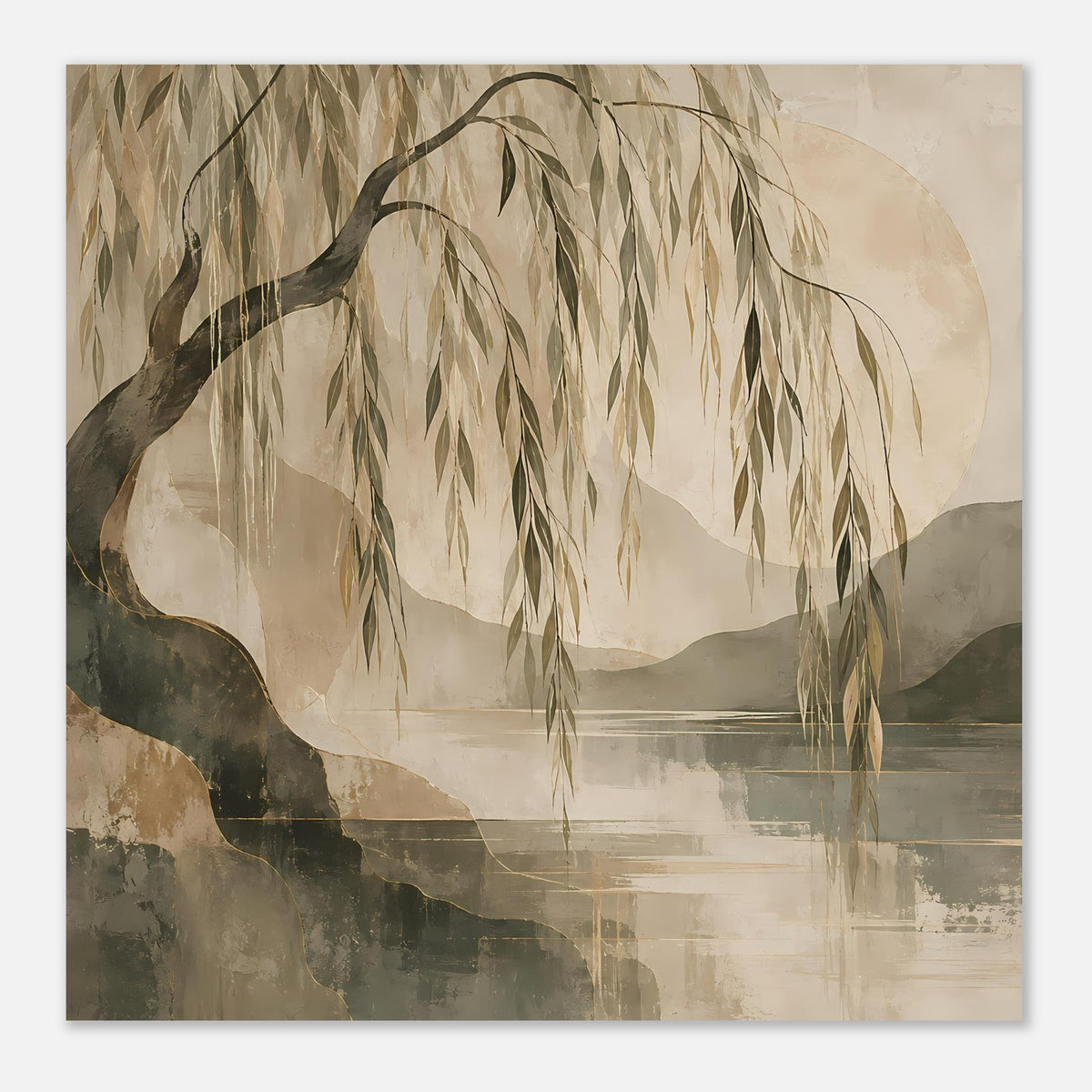 Artposter im Querformat: Weidenzweige über ruhiger Wasserfläche in beigen und grünen Tönen