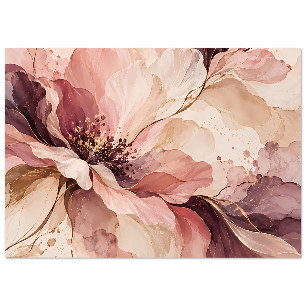 Blütenposter mit großen rosa Blüten, beigen und beerigen Farbübergängen, horizontal