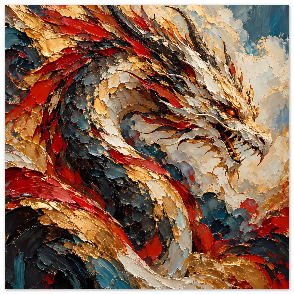Fantasy-Poster im Querformat: Drache mit roten und goldenen Flügeln, dynamische Haltung