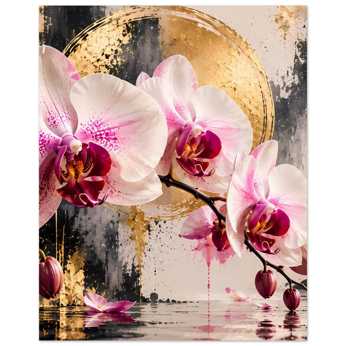 Orchideen-Poster mit vier Orchideenblüten, pinken Spritzern und goldfarbenem Halbmond