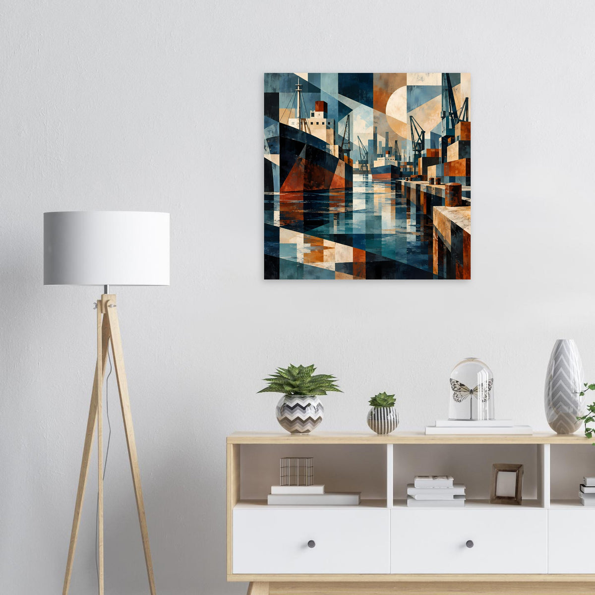 Poster mit geometrischer Hafenszene in Blau- und Erdtönen, abstrakte Skyline und Wasser