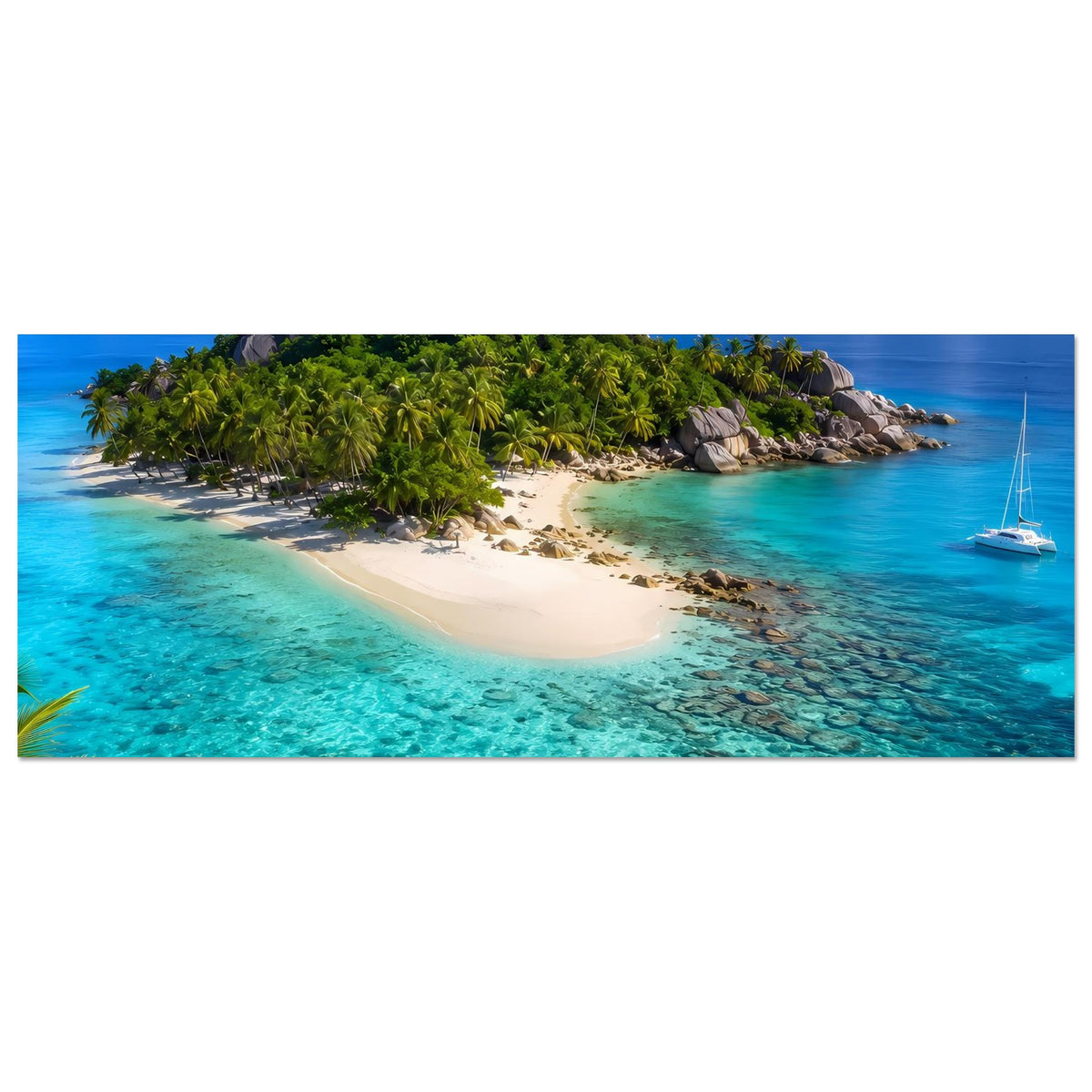 Querformat-Poster: tropische Inselbucht mit Sandstrand, türkisblauem Wasser und Segelboot