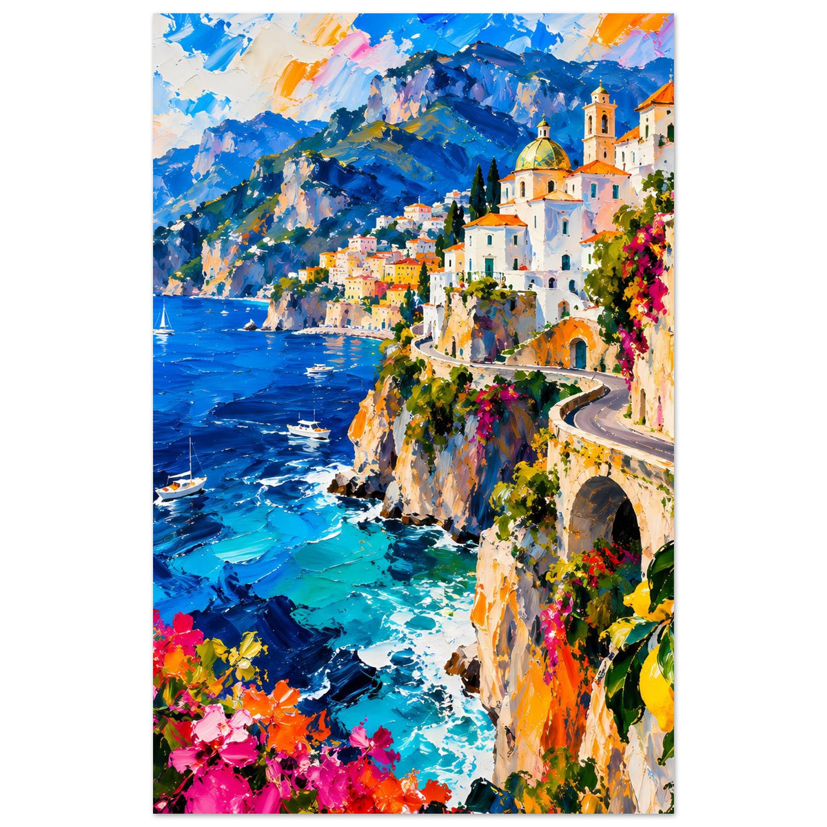 Landschaftsposter im Hochformat: mediterranes Dorf an Klippen über blauem Meer mit Booten