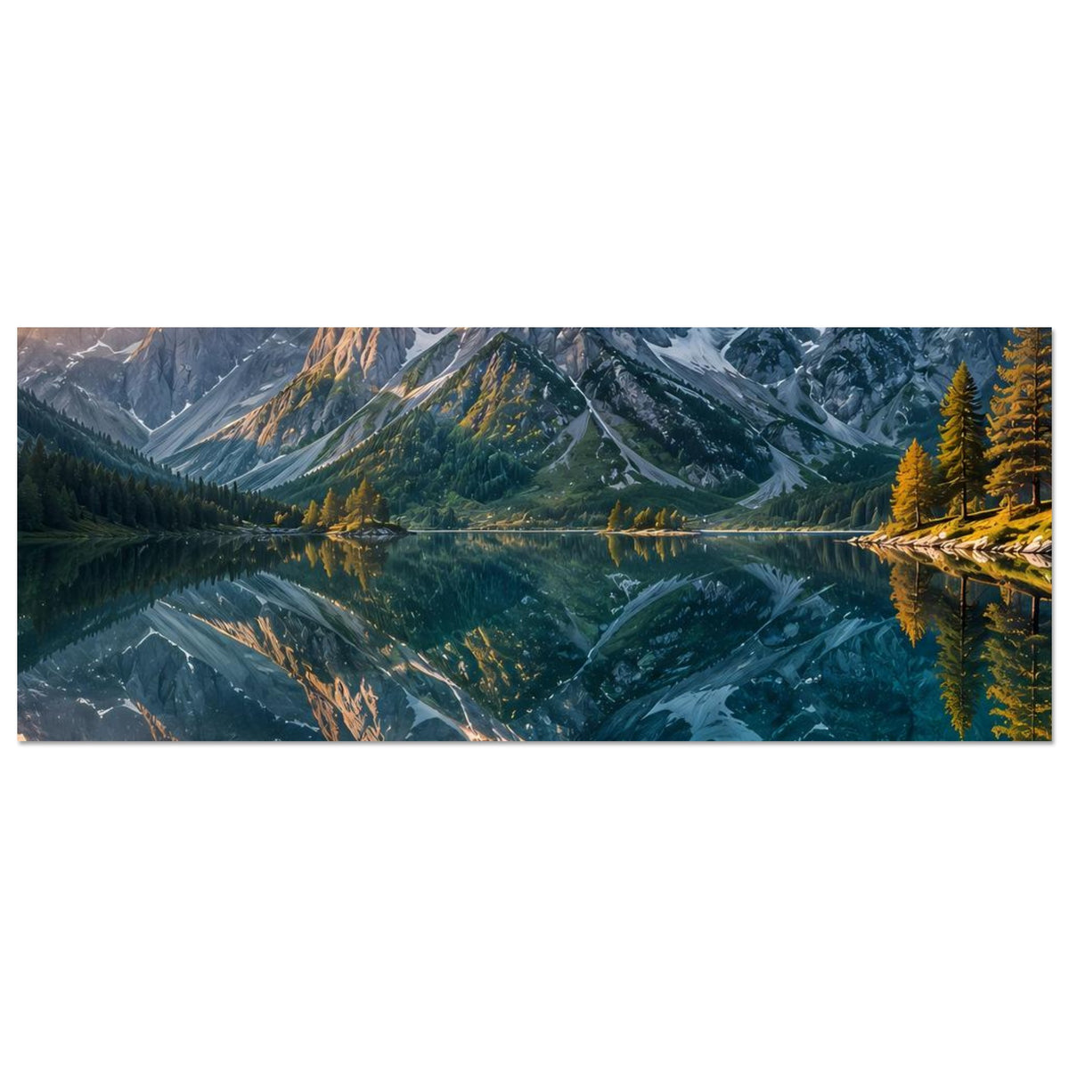 Poster mit Gebirgslandschaft und spiegelndem See, Querformat, Blick auf Tal und Wald