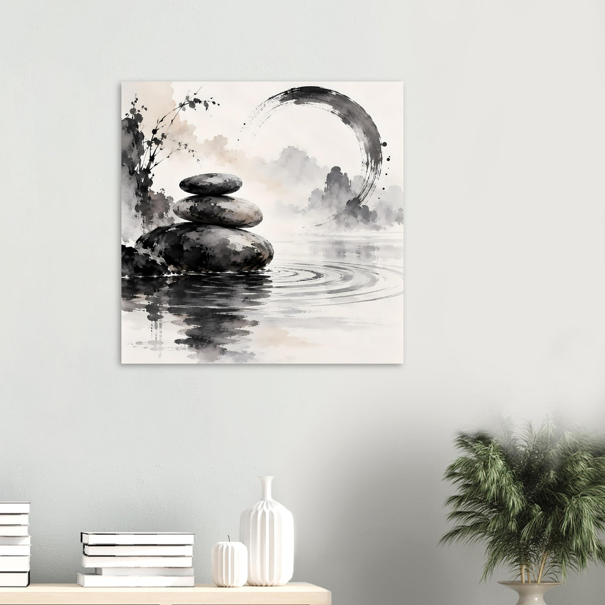 Quadratisches Poster mit Zen-Steinmotiv in Schwarzweiß: drei Steine, Wasserwellen und Pinselkreis