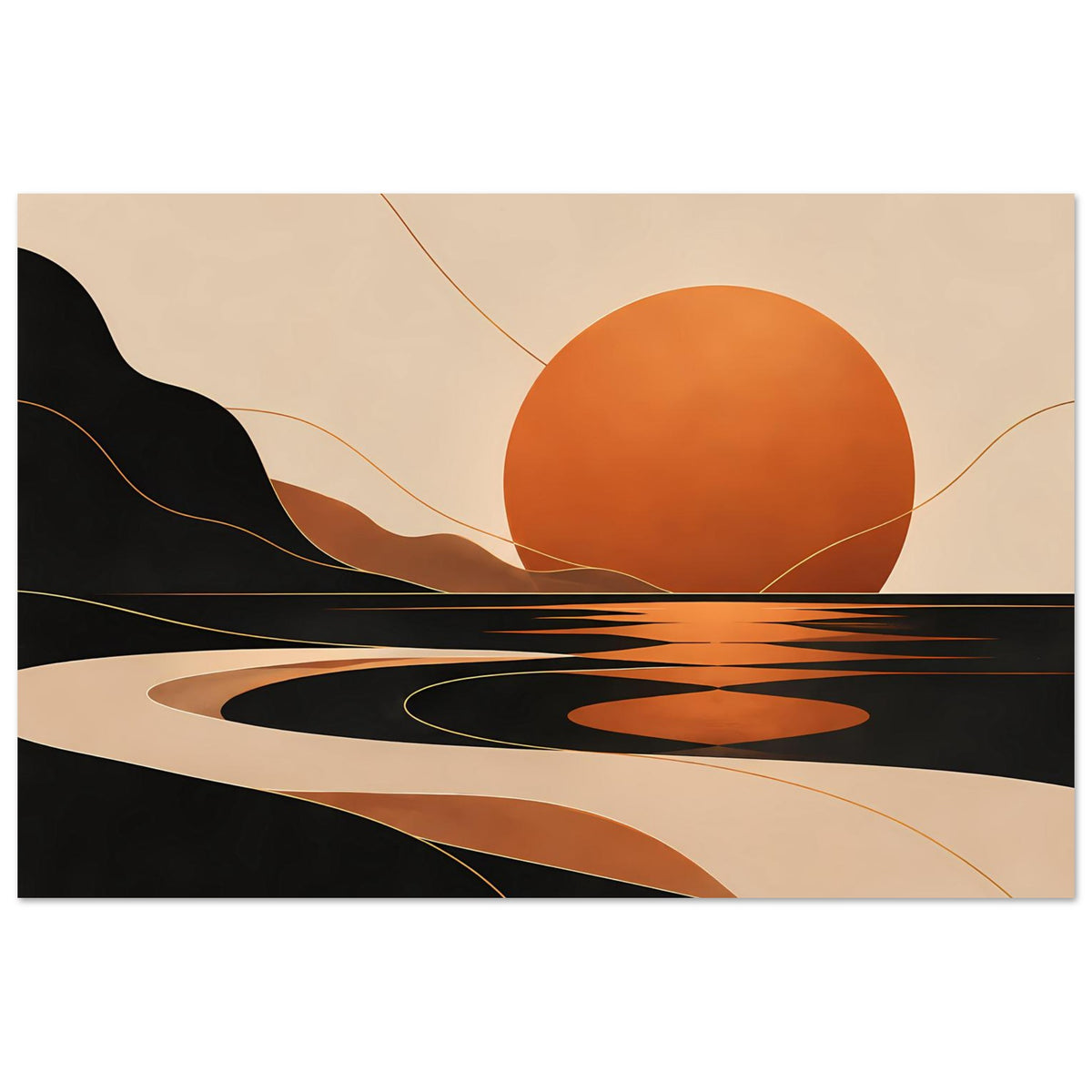 Kunstposter im Querformat mit orangefarbener Sonne, dunklen Hügeln und Wassermustern