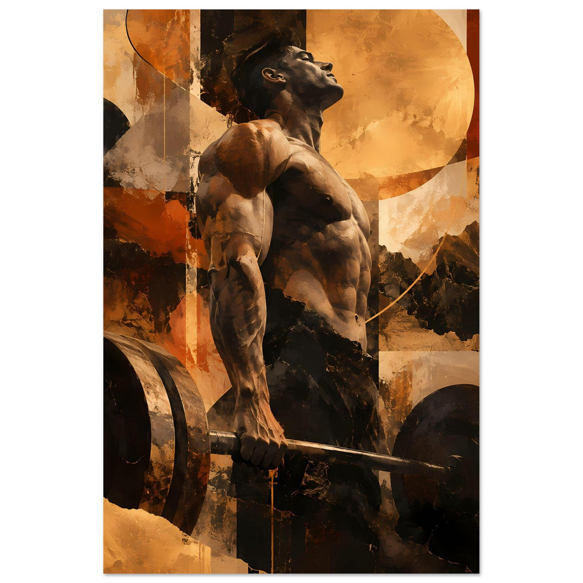 Fitness-Artposter im Hochformat: Hund mit Hantelstange, warme Braun- und Orangetöne
