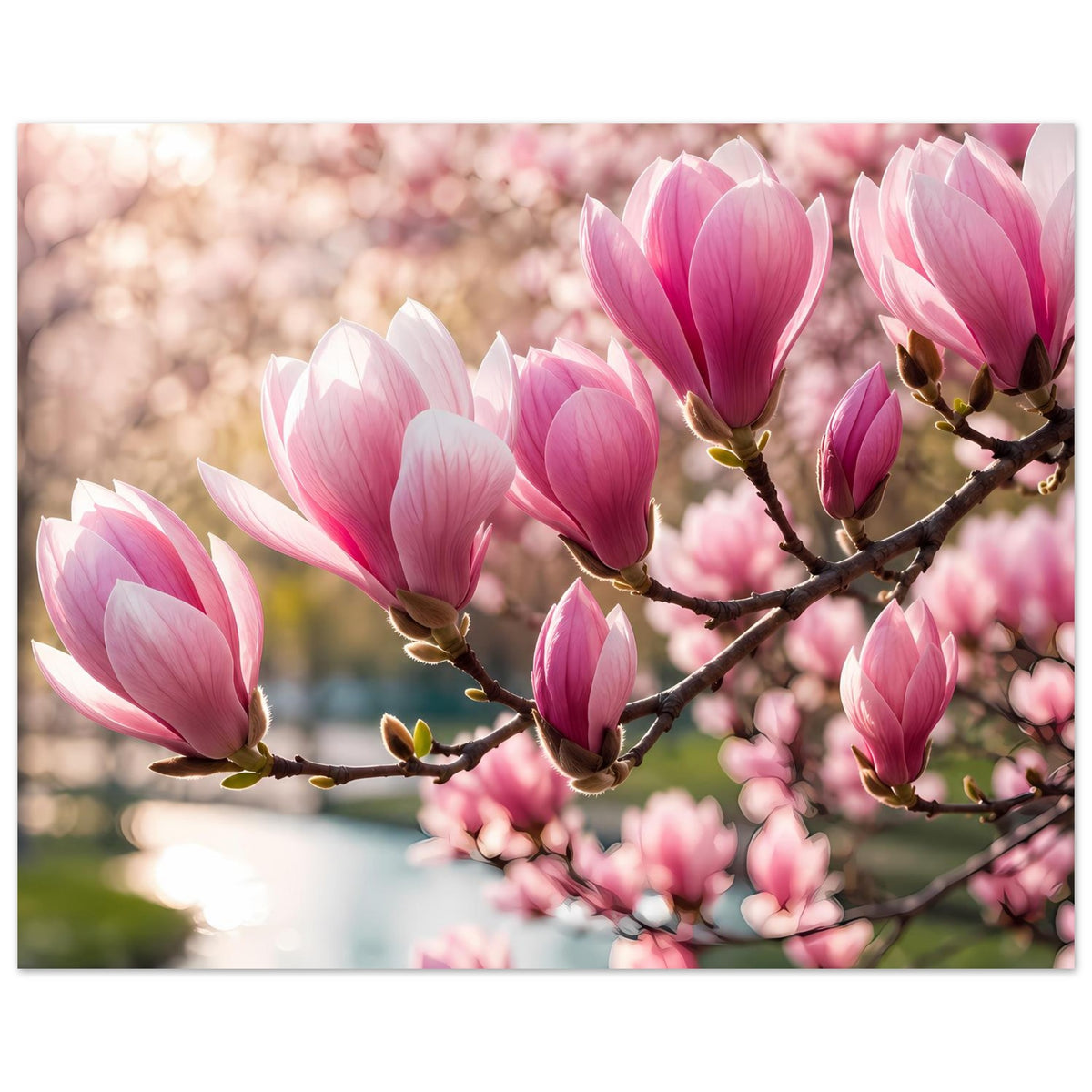 Magnolienzweig mit rosa und weißen Blüten, dekoratives Blumenposter