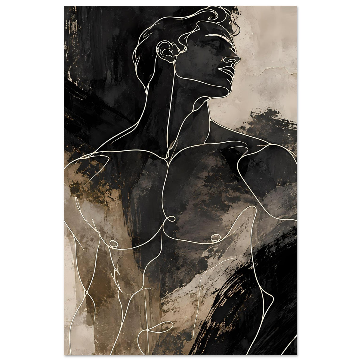 Poster im Hochformat: Linien-Silhouette eines Mannes, schwarz-grau auf beigem Untergrund