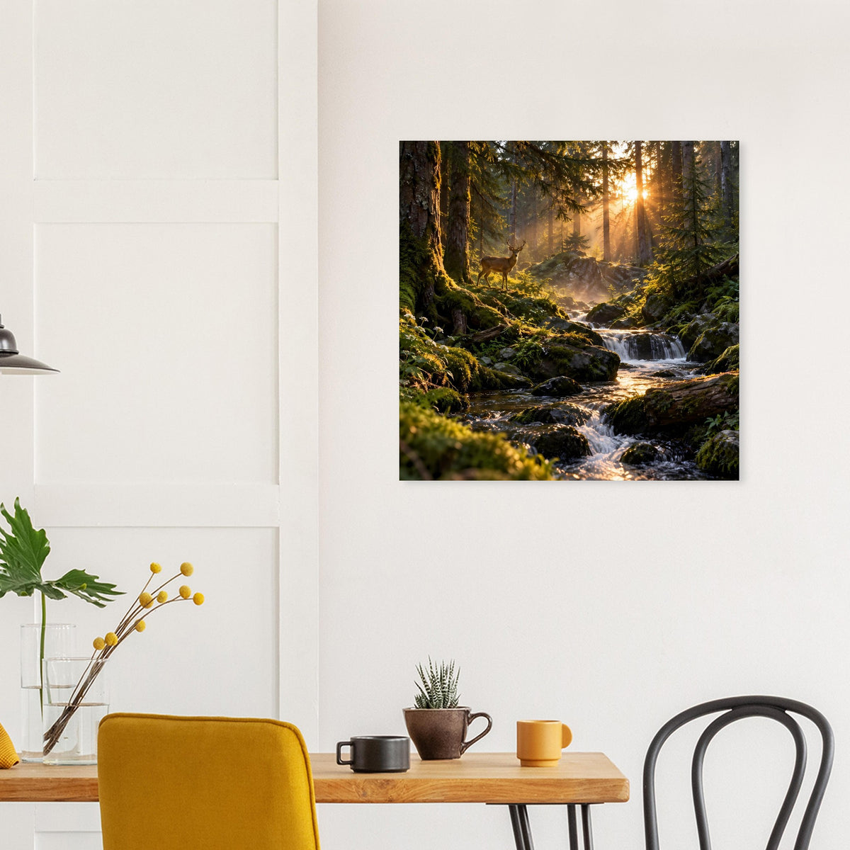 Wandposter mit Waldszenen: fließender Bach, goldenes Morgenlicht und moosige Ufer