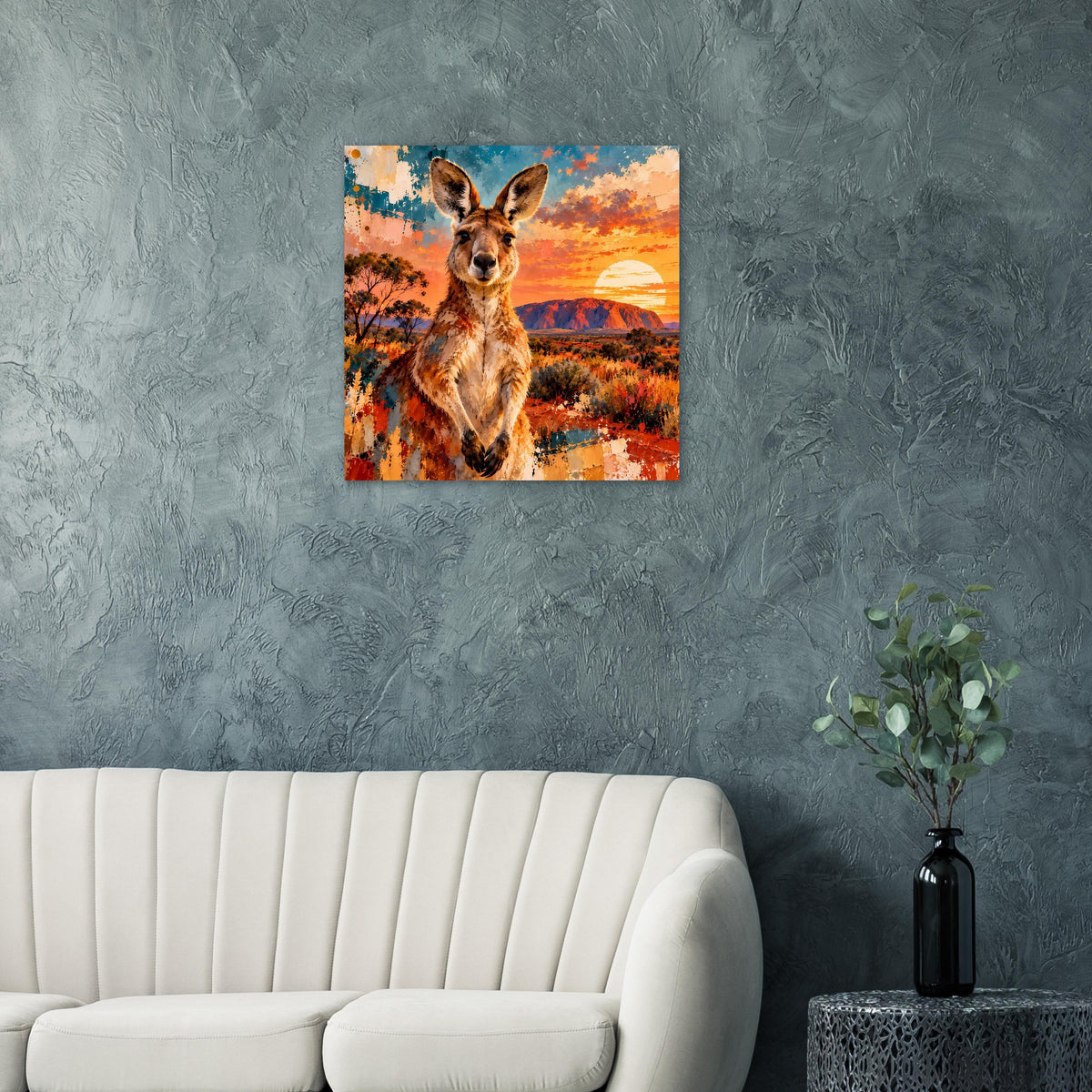 Quadratisches Poster mit Känguru im Sonnenuntergang, kräftige Farbgebung