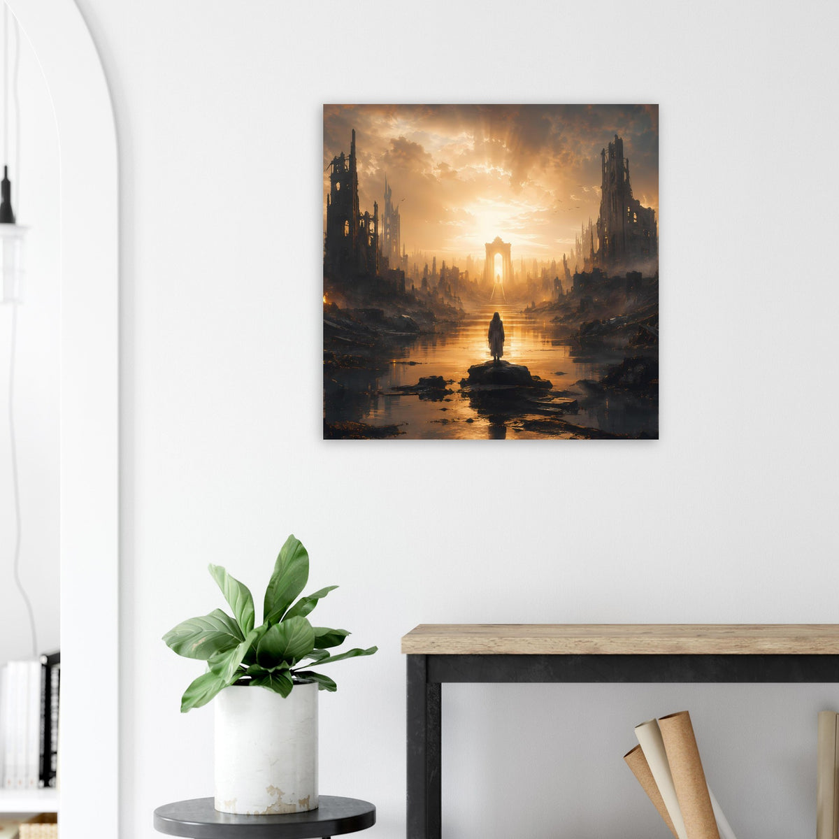 Poster mit Sonnenaufgang über Ruinenstadt, Figur im Wasser und heller Lichtstrahl