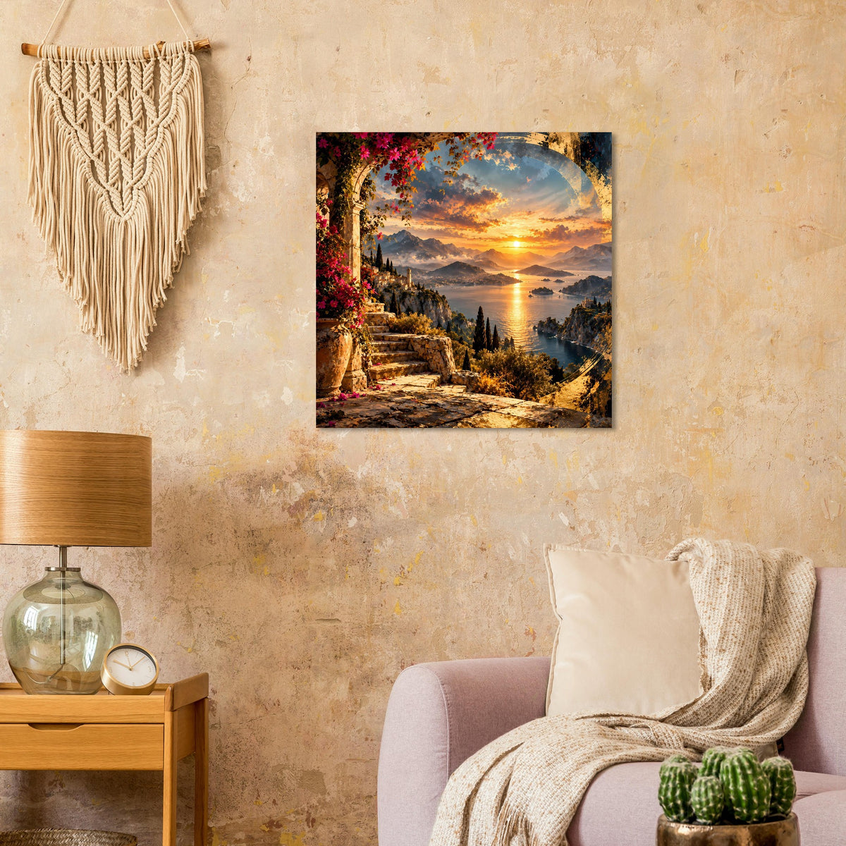 Küstenposter mit Sonnenuntergang, Treppenweg am Küstenhang und Meerbucht