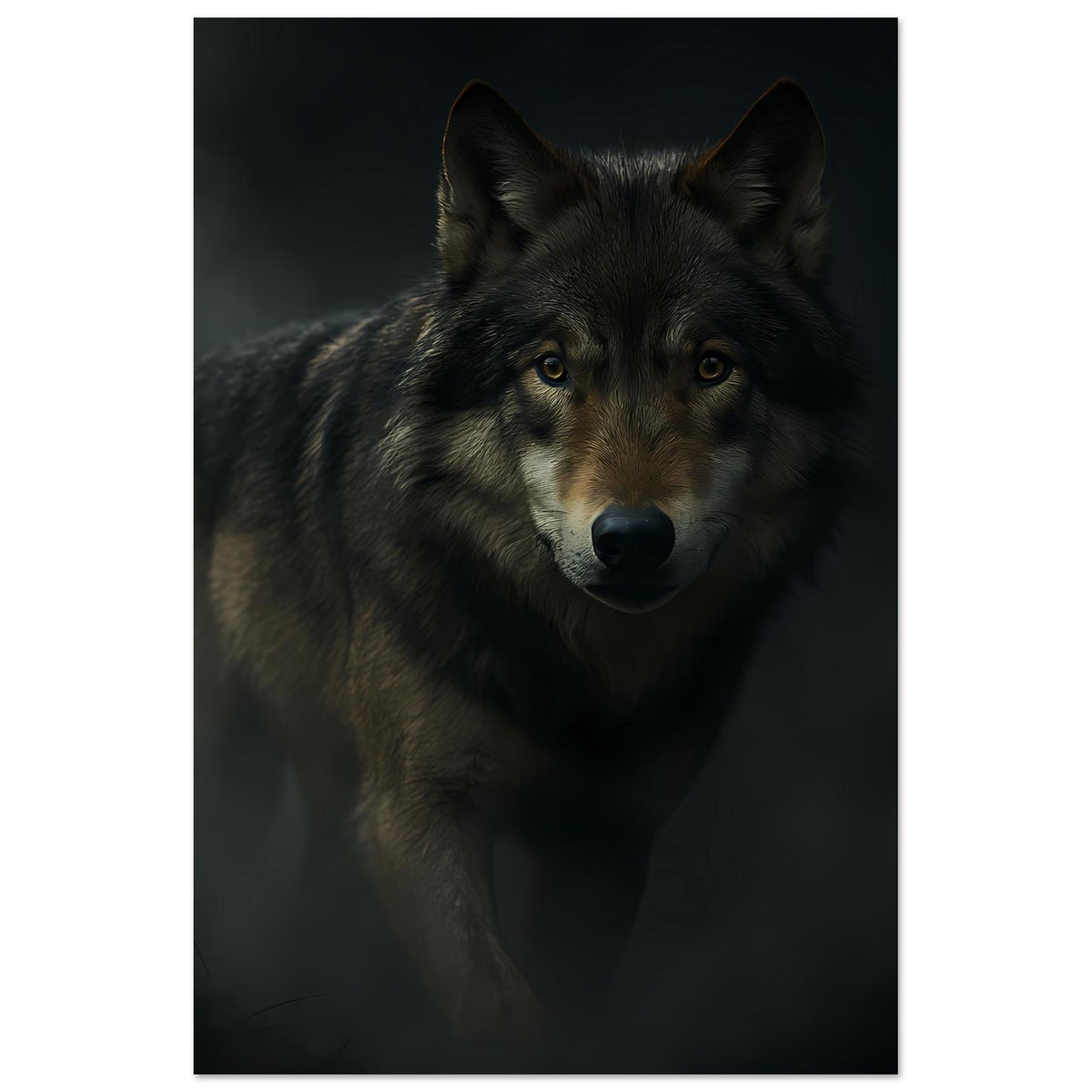 Wolfsposter mit Porträt eines grauen Wolfs, Blick nach vorn, vertikal