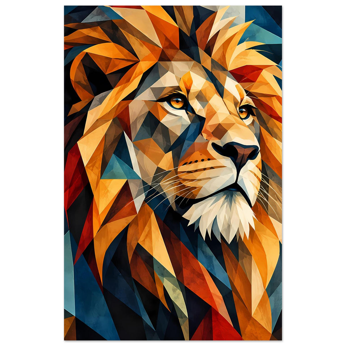 Poster im Hochformat mit Low-Poly-Löwenkopf, orange, rot und blau