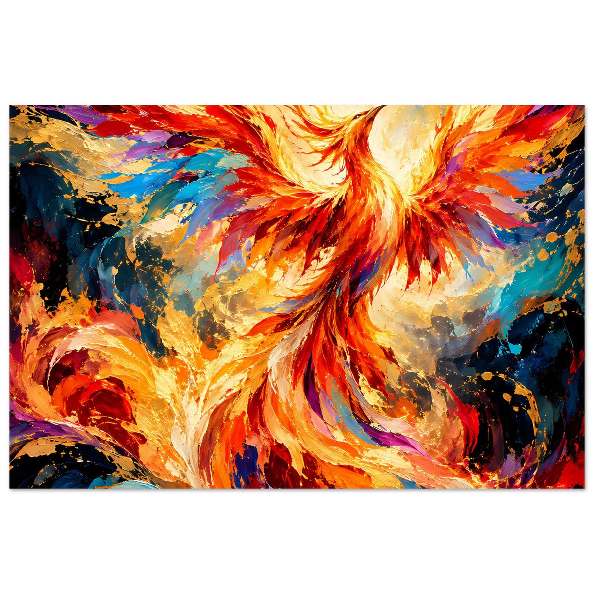 Horizontales Poster mit leuchtendem Phönix-Porträt, kräftige Farben, türkis-orange Farbverläufe, Rahmen.