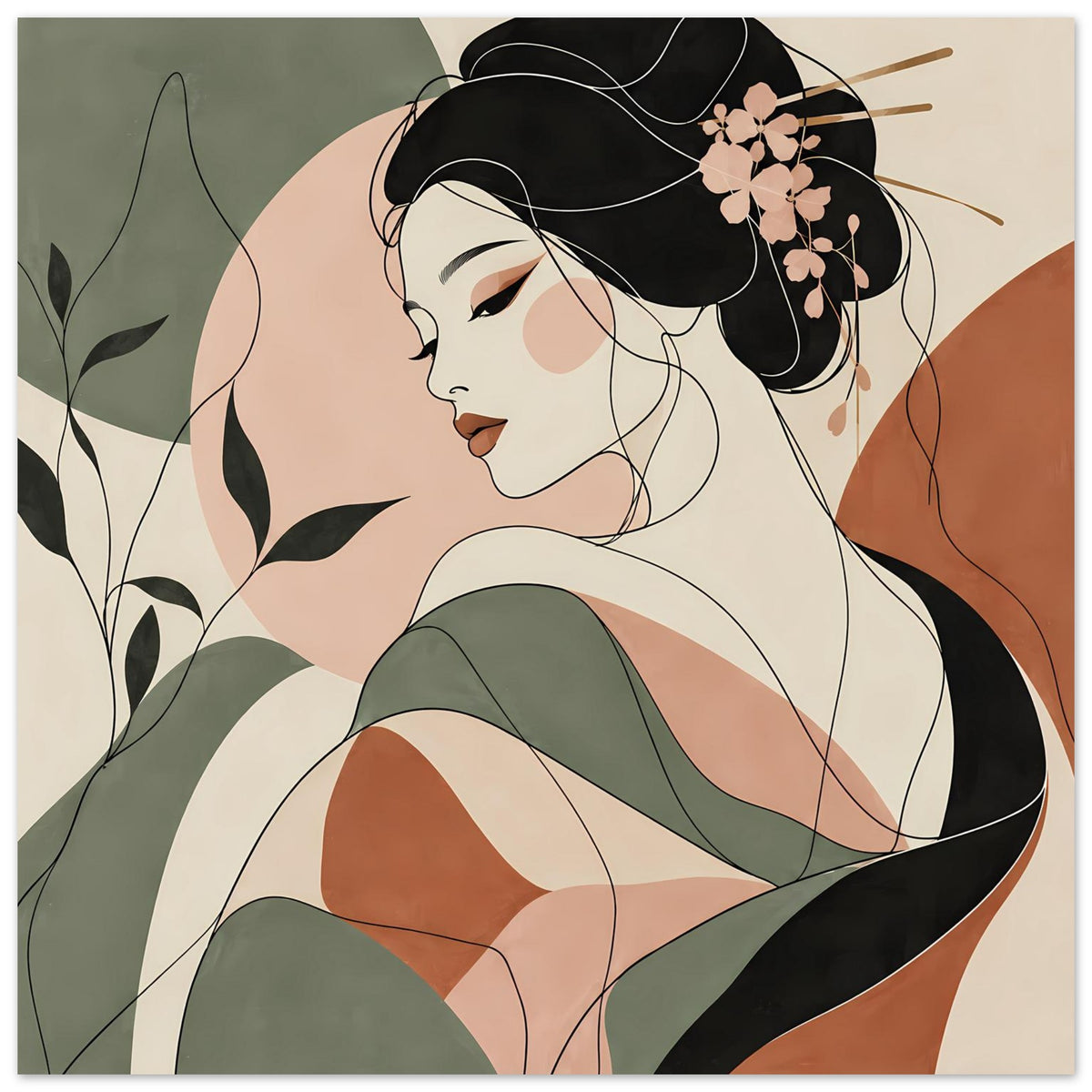 Zen-Poster: Geisha im Linienkunst-Stil, ganzes Motiv mit grünem Kimono, braunem Detail und Blumenhaarschmuck.