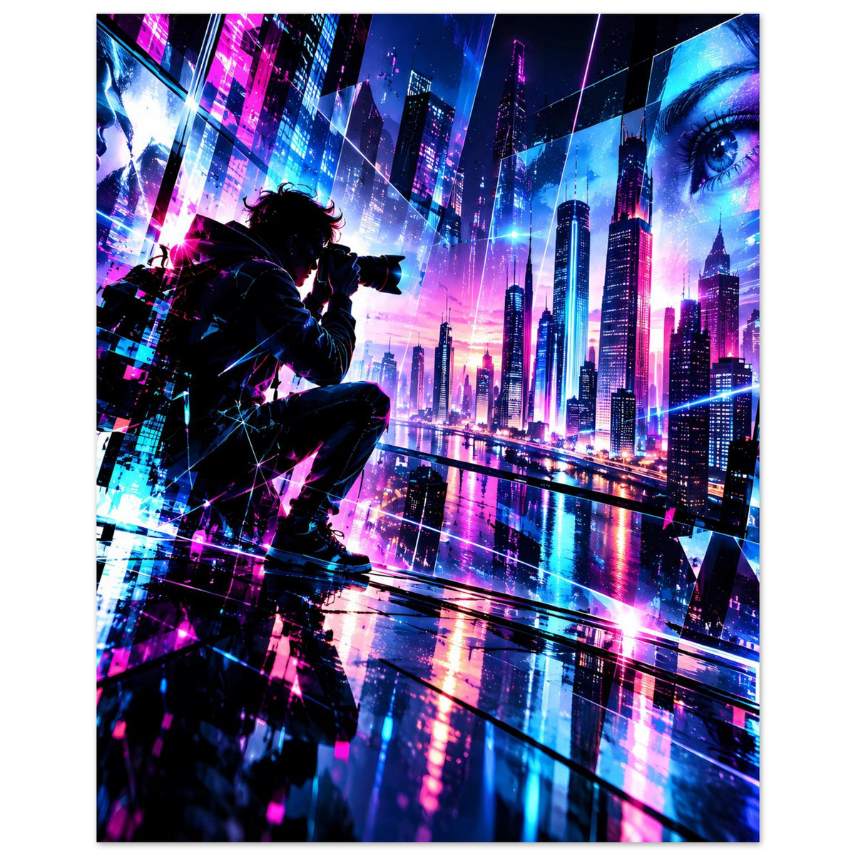 Neon-Cyberpunk-Stadtposter, Schütze links, Neonhochhäuser und blaues Auge rechts