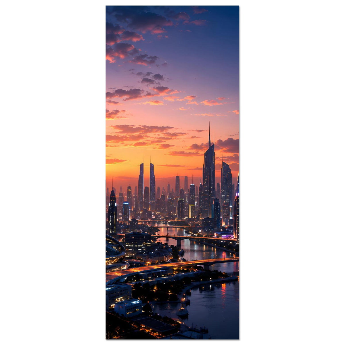 Hochformat-Poster mit Skyline bei Sonnenuntergang und Fluss