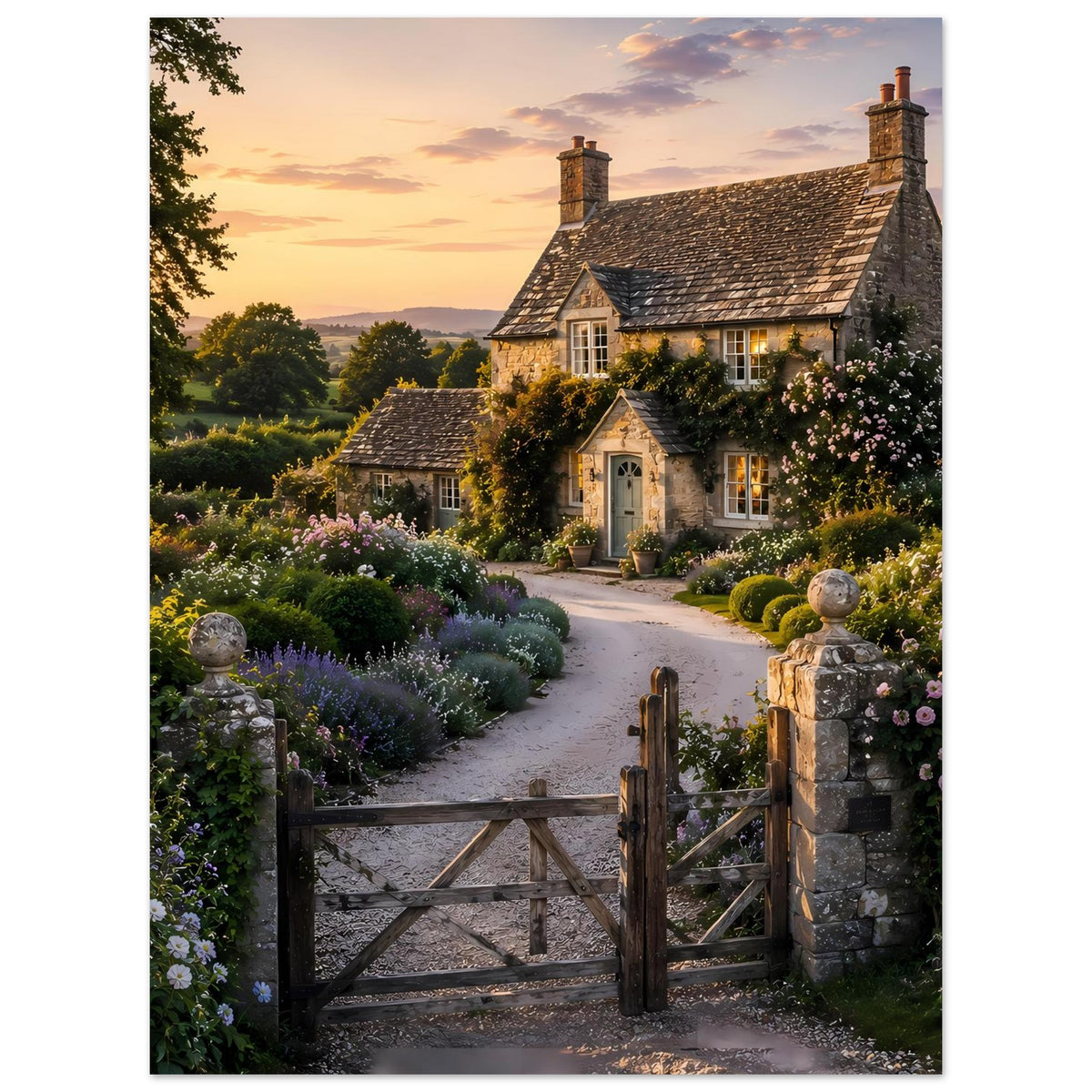Premium-Poster: ländliches Cottage, Blumenweg und Torzaun bei Dämmerung