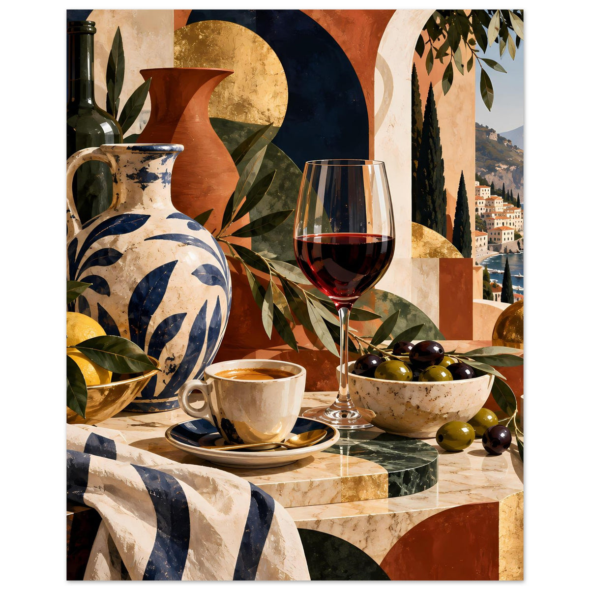 Vertikales Poster mit mediterranem Stilleben: Vase, Weinglas, Oliven und Küstenhaus