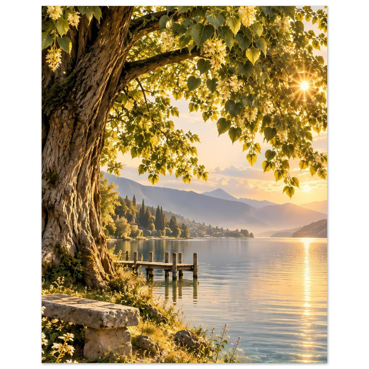 Poster mit großem Baumast, goldenen Blättern, See und Holzsteg bei Abendsonne
